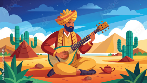 Musician plays a string instrument in a desert landscape under a bright sky in the evening