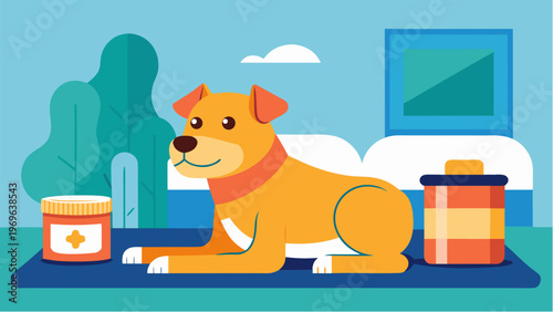 Cute dog lying on mat at home with pet care items illustrating domestic animal comfort veterinary care and healthy lifestyle in flat style