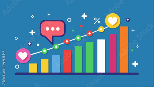 Colorful growth chart with social media icons hearts and chat bubble showing rising engagement analytics and popularity trend in flat design style