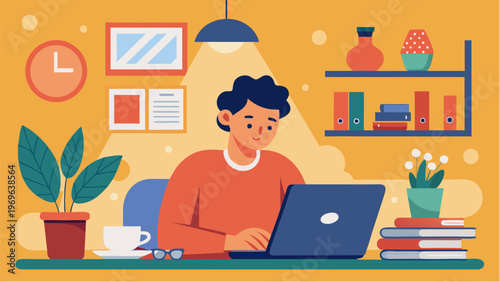 Young man working on laptop at cozy home office with plants books and coffee illustrating remote work productivity and modern lifestyle flat illustration