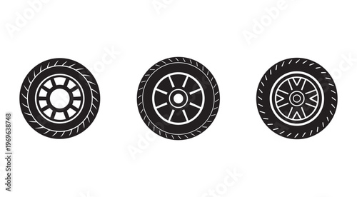 Black and white illustrations of car tires with different wheel designs  isolated on white background