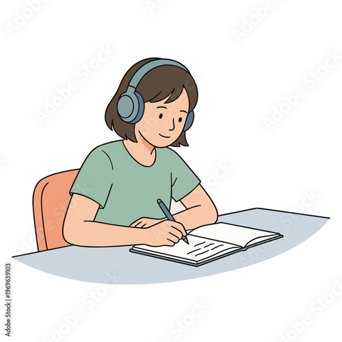 A young girl wearing headphones studies intently at a desk with a notebook