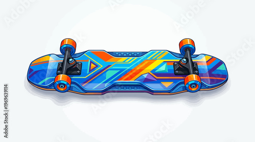 Colorful skateboard with wheels and trucks.
