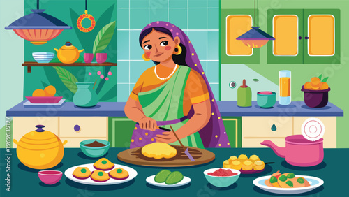 Woman prepares food in a kitchen filled with various dishes and fresh ingredients during the day