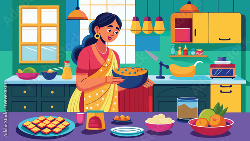Woman prepares food in a kitchen while wearing a traditional dress with various dishes and ingredients around her