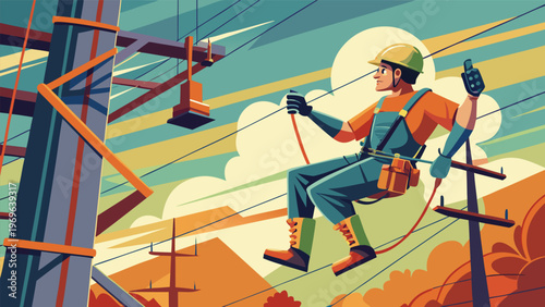 Worker repairs power lines while suspended in the air near a mountain landscape in bright weather