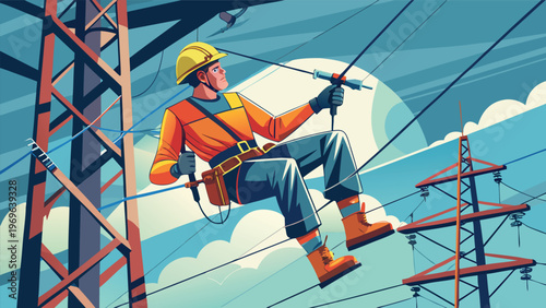 Worker climbs power lines to perform maintenance on a sunny day with clouds in the background