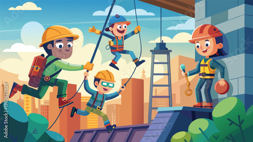 Workers perform construction on a building in the city during the day while using tools and safety gear for their tasks