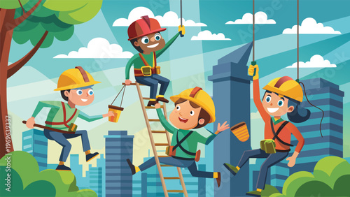 Construction workers performing tasks in a city setting with buildings and trees during the day time