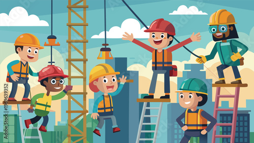 Construction workers smiling and working together on a building site in an urban area during daylight hours