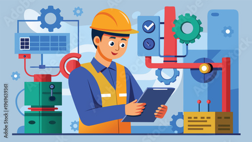 Engineer checks data on tablet in a factory with machinery and tools around during daytime work hours