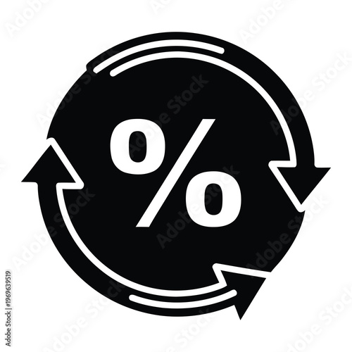 Black circular icon with percentage sign and two arrows  recycling discount symbol icon