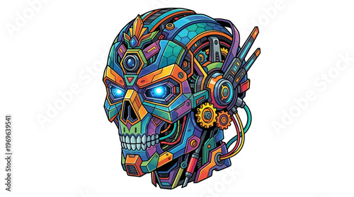 Colorful Skull with Mechanical Details.