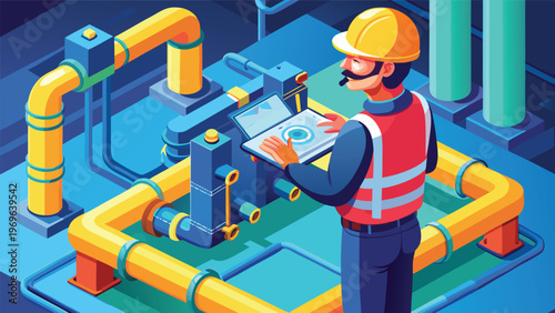 Worker checks equipment in a factory with tools and pipes in view during daytime