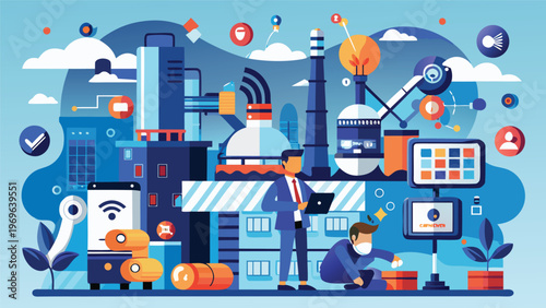 Factory scene showing workers and technology in action during a busy day in a manufacturing setting