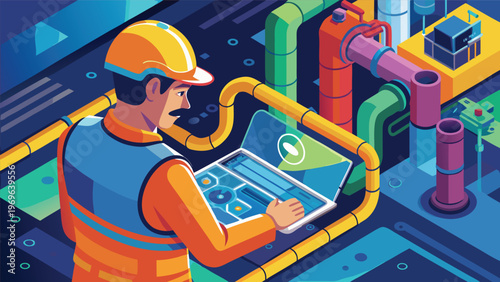 Worker operates laptop in factory setting with colorful pipes and machinery during a busy shift in an industrial area