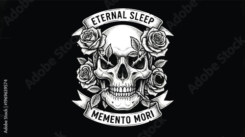 Skull with Roses and Banners Reading Eternal Sleep and Memento Mori.