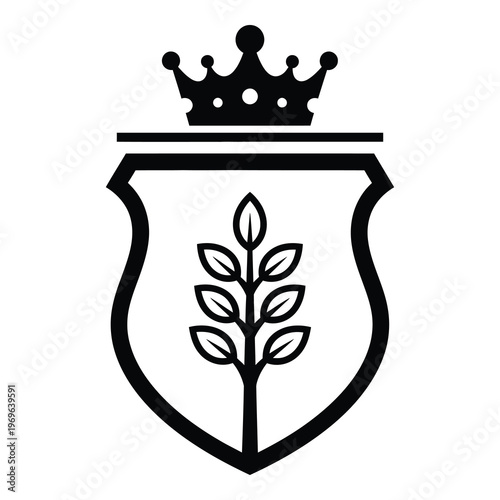 Black silhouette of a shield with a crown and wheat plant icon