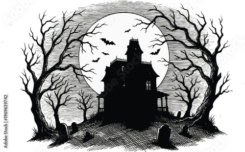 Haunted Victorian Mansion Silhouette in a Graveyard with Bats.