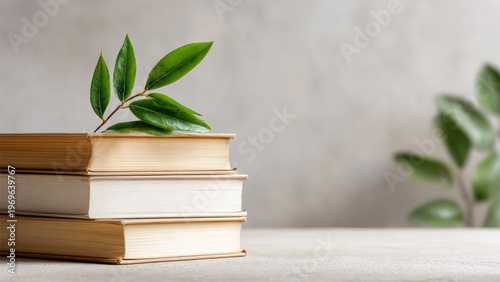 Stack Of Books With Green Plant For Education Growth And Knowledge Concept