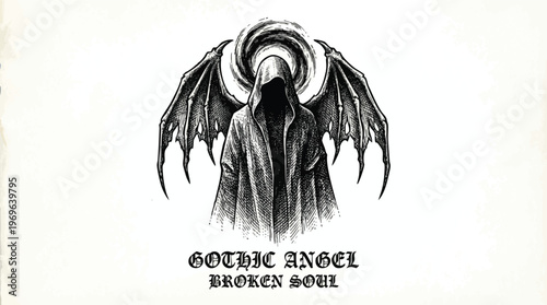 Hooded Gothic Angel with Tattered Wings and Swirling Halo.
