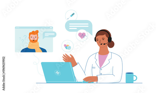 Doctor Consulting Patient Online via Telemedicine Video Call. Female doctor with headset providing remote medical consultation to a male patient. Concept of telemedicine and digital health.