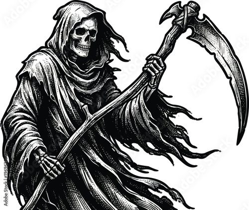 Grim Reaper with Scythe in Black and White Woodcut Style.