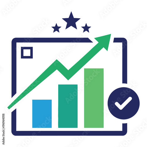 Colorful graph chart with green arrow and stars on white background icon