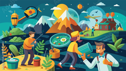 People clean the environment while enjoying nature and completing tasks in a colorful outdoor setting during the day