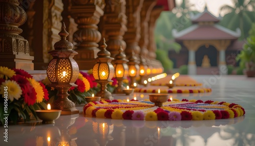 Kerala temple indian wedding stage decoration with nilavilakku lamps and floral rangoli
