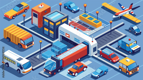 Traffic scene showing various vehicles and structures in a busy urban area with a focus on transport and movement