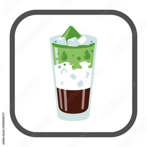 Refreshing layered matcha tea latte with ice in a tall glass, vibrant green and brown icon illustration