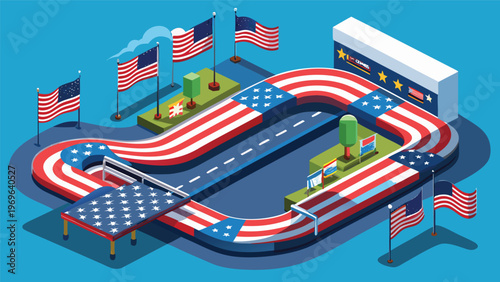 Race track design featuring American flags and a bright blue background for a festive event in a public space