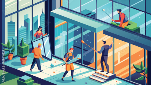 Workers clean windows and prepare a storefront in a busy city setting during daylight hours