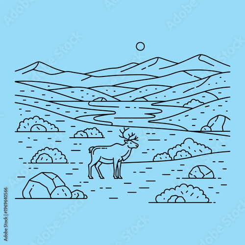 Minimal line of a deer in a landscape with mountains and clouds line minimal reindeer hills