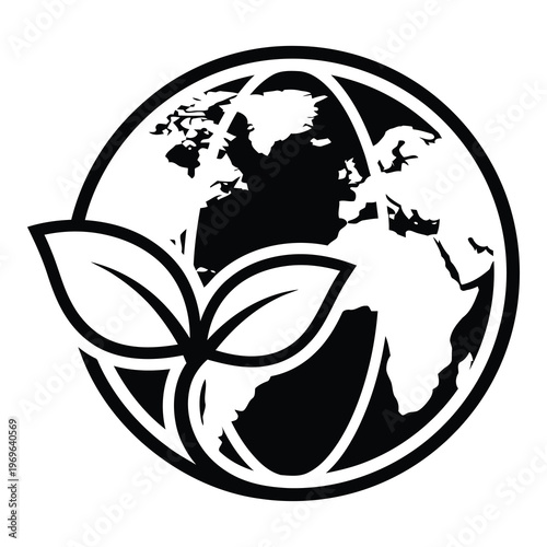 Eco friendly earth globe with leaf symbol in black and white color scheme icon