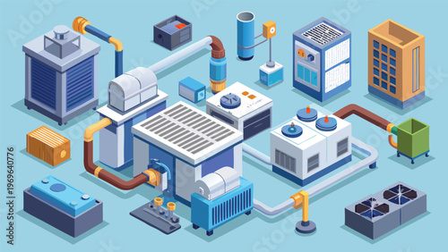 Different types of machinery and equipment related to HVAC systems are shown in a flat design style in a workshop setting