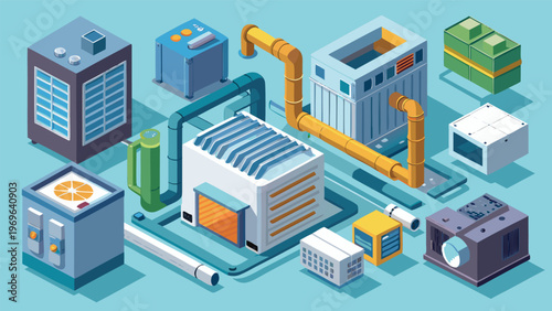 Different types of industrial equipment and machinery arranged in a neat layout on a blue background