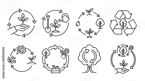 Sustainability and circular economy icon set. Vector outline icons for environmental growth, reforestation, and eco-friendly gardening concepts.