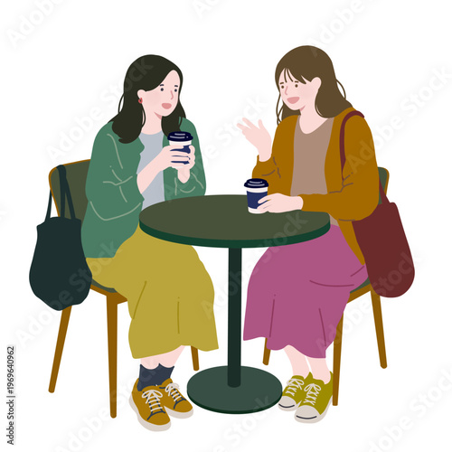 フラットイラスト　ドリンクを飲みながら話をしている２人の女性　カフェ