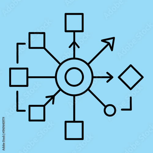 Minimal line of a flowchart or diagram with a central circle and connected squares and arrows on a light blue background