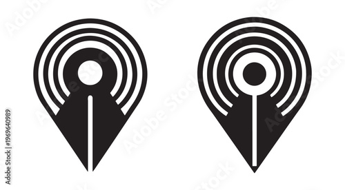Black and white location pin icons with concentric circles  navigation symbols  map markers