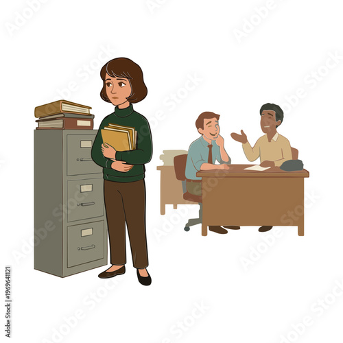 A woman stands beside a filing cabinet while two men discuss at a desk.