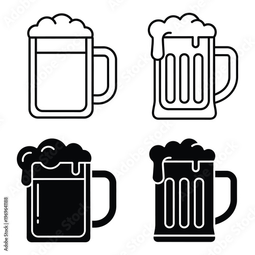 Four black and white beer mug icons with foam tops  different styles icon