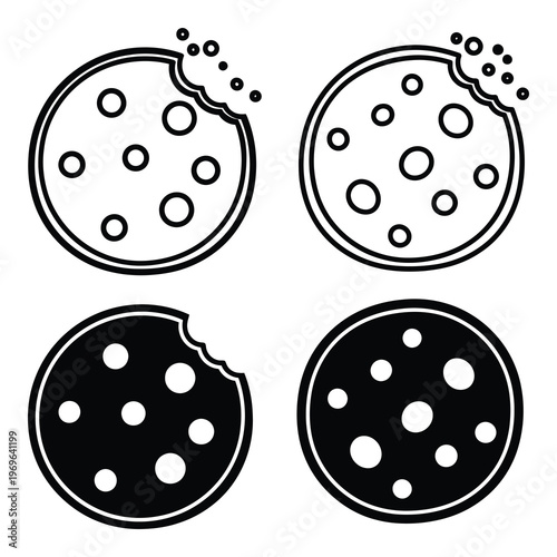 Four black and white cookie icons with different styles and toppings icon