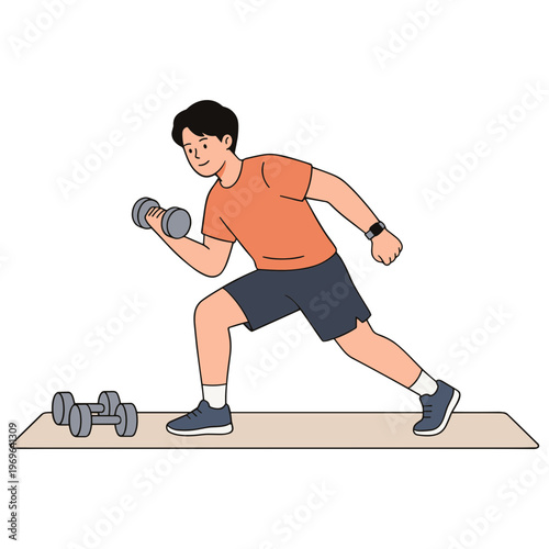 Man doing lunges with dumbbells on exercise mat indoors