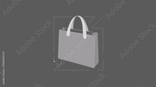 Angled side view of a grey shopping bag with white handles on a dark background