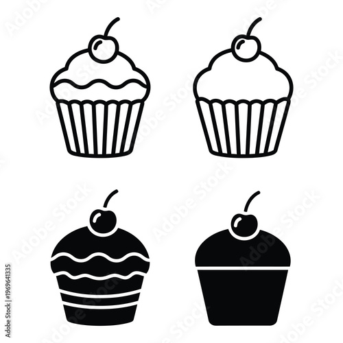 Four different black and white cupcake icons with cherries on top icon