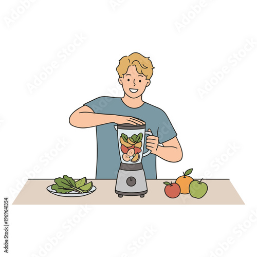 Man prepares a healthy smoothie with fruits and vegetables in blender