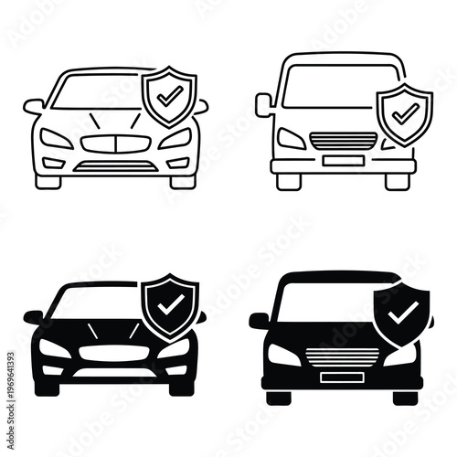 Four car icons with shield and checkmark on white background icon